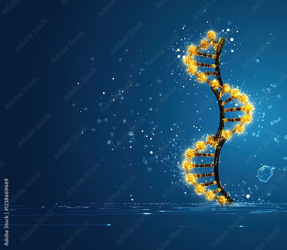 Poster creative digital representation of dna structure glowing against a dark background with particles an