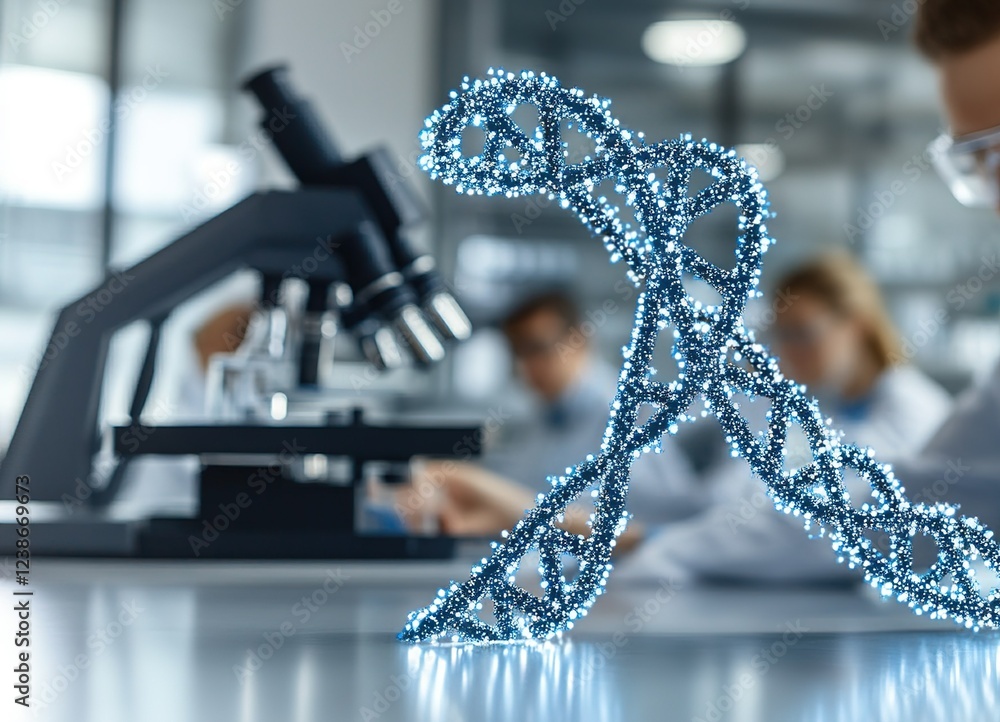 Poster sparkling representation of dna structure in a laboratory during a scientific research session