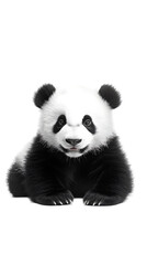 A playful panda cub, with its round face and black-and-white fur, resting on a white surface. Transparent background


