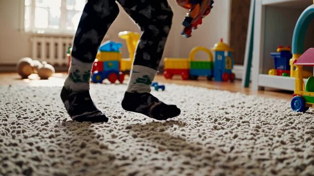 Low angle view of toddler feet walking across soft carpet in a vibrant playroom filled with colorful toys, creating a warm and playful atmosphere perfect for childhood exploration
