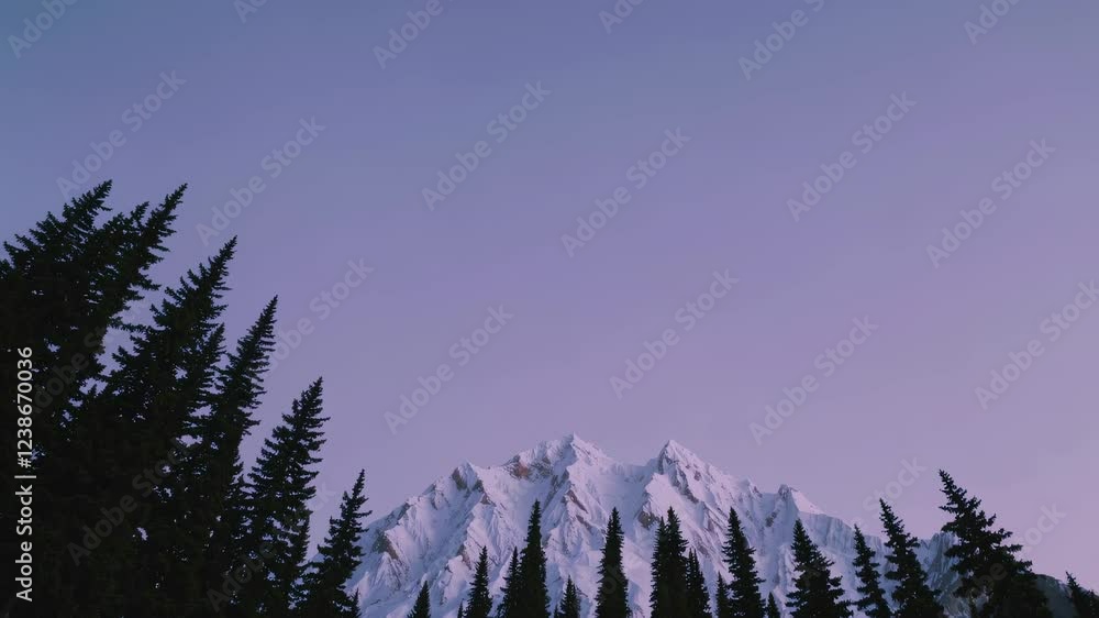 Poster majestic mountain view rising above dense evergreen forest at dusk in a serene natural setting