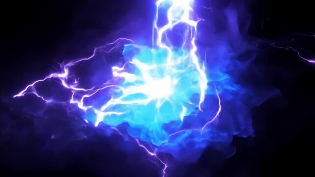 Glowing plasma ball expands and emits lightning on a black background