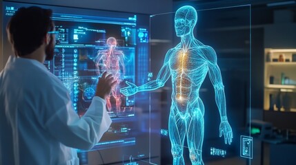 Doctors and patients examine their bodies with holographic models, AI-powered biosensors and tissue mapping, nanoscale diagnostics, and targeted biomolecular intervention planning.