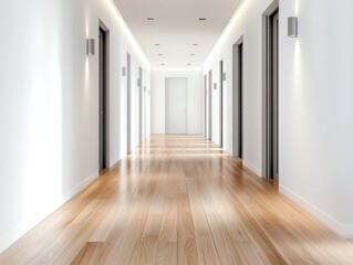 Minimalist hallway with white walls, natural wood flooring, sleek lighting, open and uncluttered passageway, serene ambiance