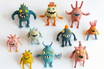 Fototapeta premium Group of little monsters on white background top view.