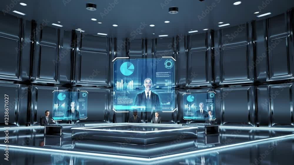 Poster business executives attending futuristic virtual meeting using holograms and digital data displayed 