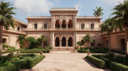 Fototapeta premium Elegant Historical Mansion Surrounded by Lush Greenery and Palm Trees