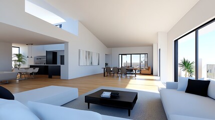 Fototapeta premium Minimalist loft with high ceilings, open floor plan, modern industrial touches, neutral colors, spacious and uncluttered environment