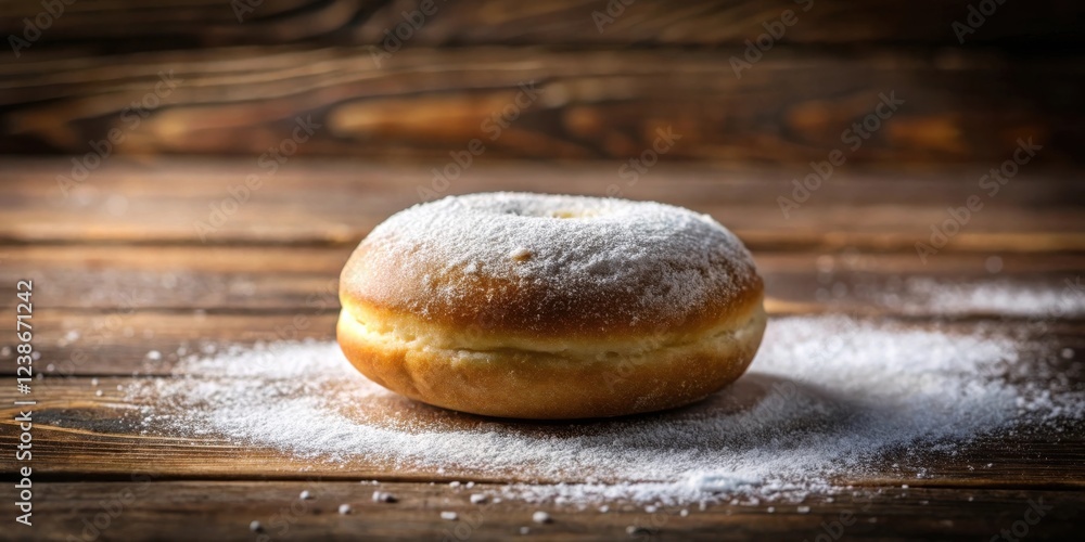 Poster a single, delectable powdered donut rests on a rustic wooden surface, surrounded by a delicate dusti