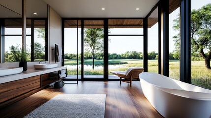 Minimalist master suite with spainspired bathroom, floortoceiling windows, soft natural textures, luxurious simplicity