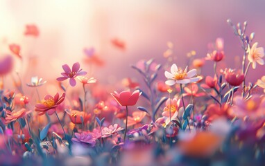 Vibrant field of blooming wildflowers under soft morning sunlight, with a dreamy blurred area for a love message for Valentines Day, 8 March, and International Womens Day