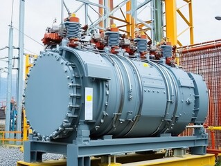 Massive Industrial Transformer at Power Substation with Insulators and Brackets