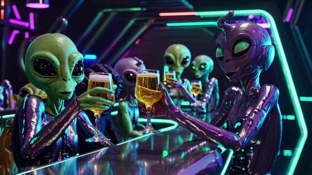 Diverse group of aliens is toasting with beer glasses in a vibrant, neon-lit bar, celebrating and enjoying their time together in a futuristic setting
