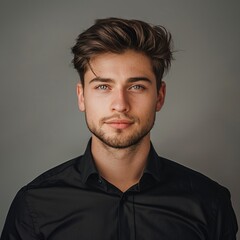 Obraz premium guy in black shirt on grey background.