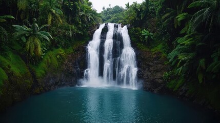 Obraz premium Waterfall scenes nature idea. Serene waterfall cascading into a turquoise pool surrounded by lush greenery.