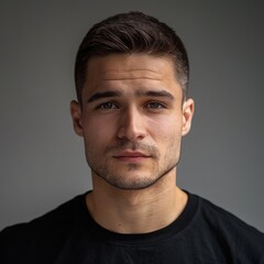 Fototapeta premium guy in black shirt on grey background.