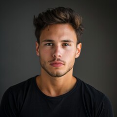 Fototapeta premium guy in black shirt on grey background.