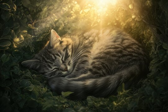 A tabby cat peacefully sleeps curled up in lush green foliage, bathed in warm sunlight.