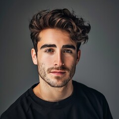 Fototapeta premium guy in black shirt on grey background.