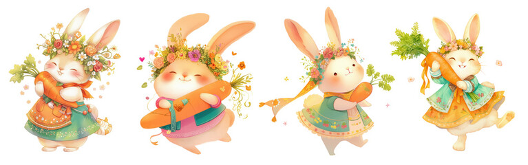 Naklejka premium Charming Easter Bunny with Flower Crown and Ribbon-tied Carrot on Transparent Background