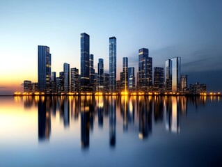 Fototapeta premium Night city skyline, glass skyscraper reflections, 3D illustration