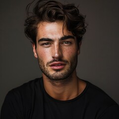 Obraz premium guy in black shirt on grey background.