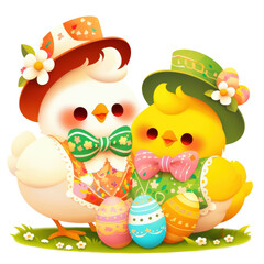 Obraz premium Cute Cartoon Chicks in Bow Ties and Hats with Easter Eggs on White Adorable Easter Illustration on Transparent Background