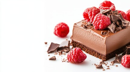 A tempting chocolate dessert topped with fresh raspberries and chocolate flakes, beautifully presented on a clean white background for a delightful visual treat.