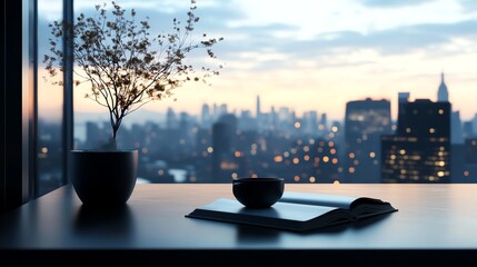 Cozy balcony nook, reading spot with skyline, 3D illustration