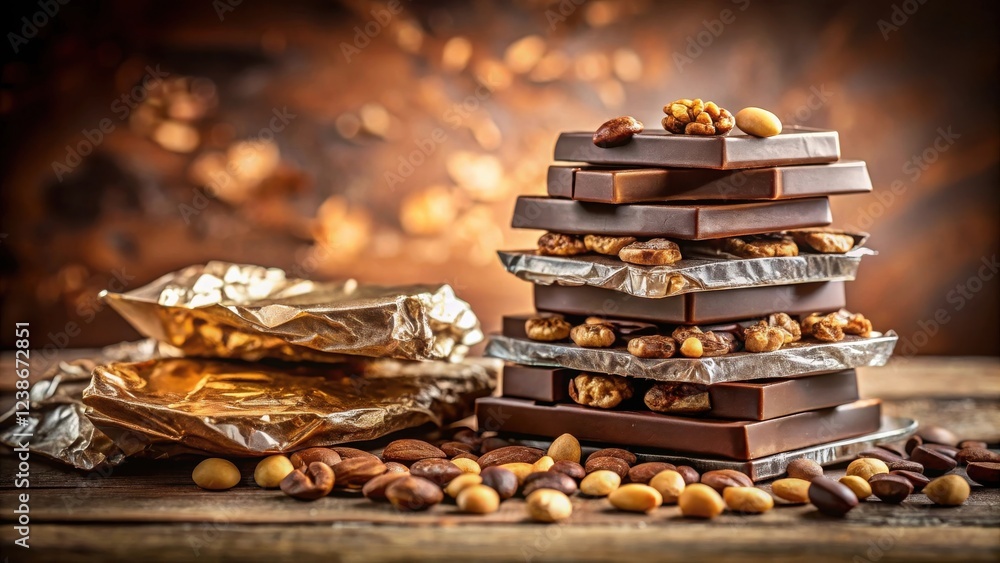 Poster aromatic dark chocolate bars stacked with assorted nuts and golden foil wrappers on rustic wood