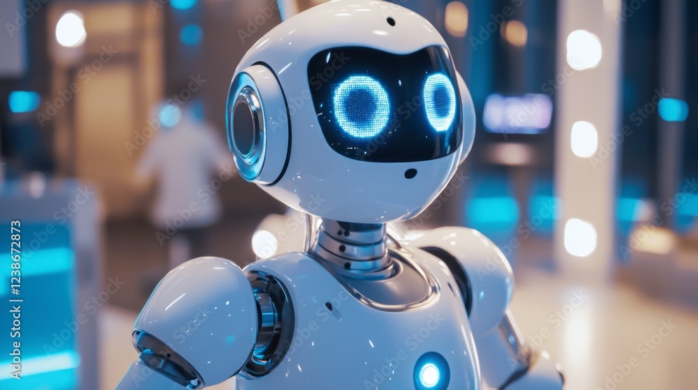 Poster in a vibrant tech expo, a futuristic robot with glowing eyes engages with attendees, highlighting cu