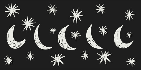 Moon star celestial textured grunge space elements. Hand drawn y2k naive simple shapes