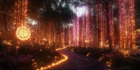 Enchanted forest pathway illuminated by warm lights during twilight hours showcases a magical atmosphere