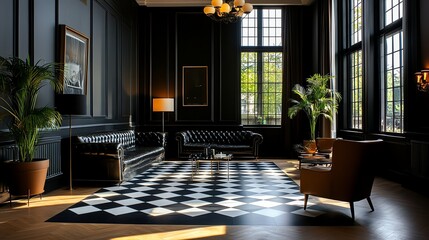 Elegant colonialstyle hotel lobby with vintage charm, classic furniture, and sophisticated warm lighting