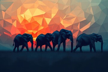 Silhouetted elephants walk across a grassy plain against a vibrant, polygonal sunset.