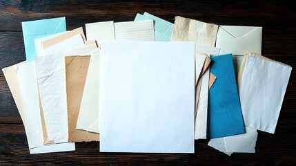 A pile of assorted sheets of paper stacked on a rustic wooden table surface