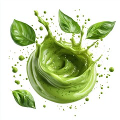 Vibrant green pesto sauce splash with basil and parmesan flecks, isolated on white background