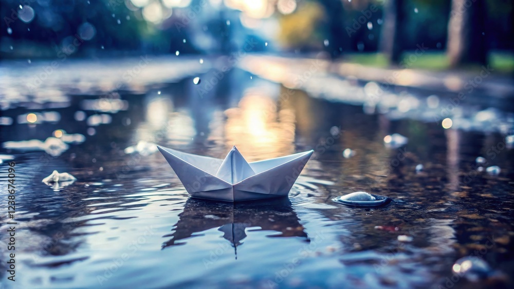 Aufkleber A tiny paper boat floats serenely on a rain-filled puddle, reflecting the soft light of a setting sun.