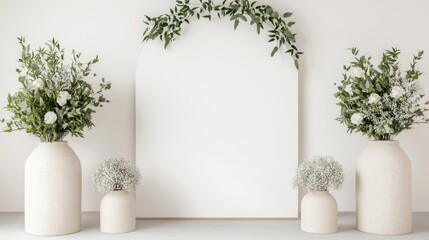 White floral arch backdrop, wedding decor, minimalist studio