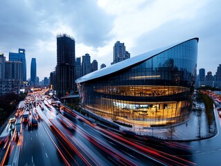 Fototapeta premium Glass building reflecting chaotic urban traffic, vibrant city movement, motion in reflection, dynamic energy, fastpaced lifestyle