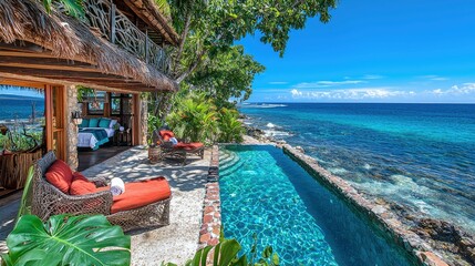 Fototapeta premium Luxury Oceanfront Villa with Private Pool: Tropical Getaway, Stunning Ocean Views, Relaxing Vacation