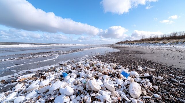 Plastic pollution on winter beach; ocean waves, sky. Environmental campaign image