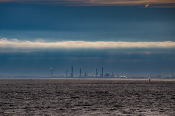 Large oil refinery on banks of River Mersey at Stanlow