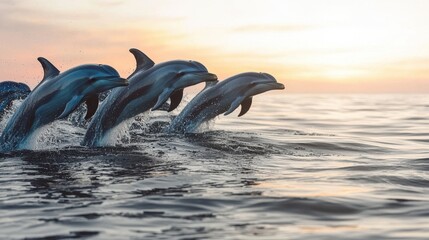 Obraz premium Dolphins Leaping from Water at Sunset Over Calm Ocean Waves