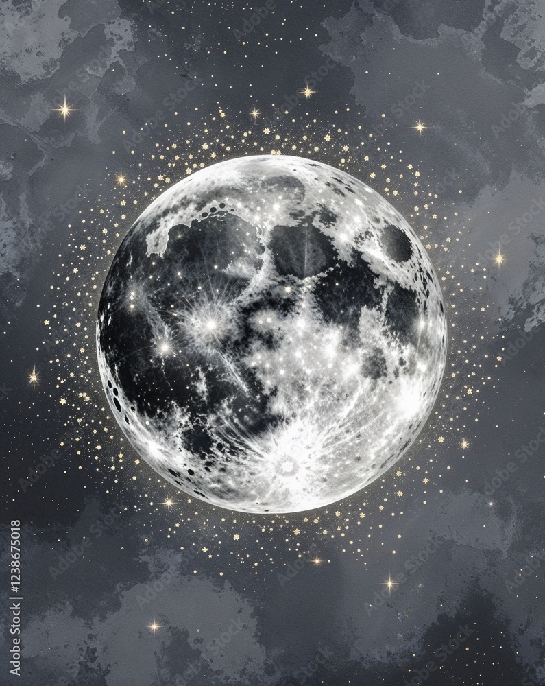 Poster ash gray with textured full moon and subtle star glimmers abstract background