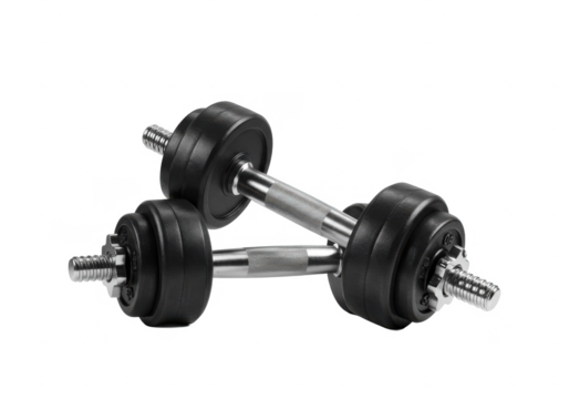 A pair of black gym dumbbells with visible weight markings, resting on a white surface, isolated on a white background