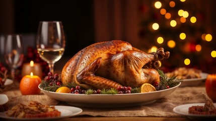 Thanksgiving Dinner Concept. Roasted Turkey on a Festive Table with Candles and Wine. Cozy Holiday Celebration and Family Gathering.