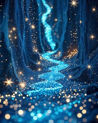Azure glowing glitter stars forming a cascading celestial river abstract background
