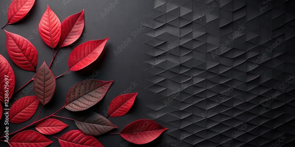Poster Dark background with red leaves and geometric pattern
