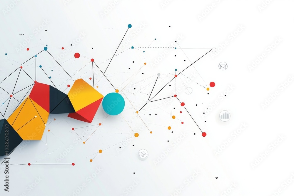 Poster abstract geometric network: colorful polygons and interconnected nodes